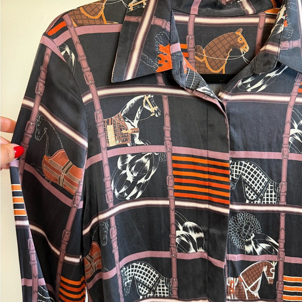 100% Silk Equestrian Horse Print Blouse Size L - Picture 5 of 9